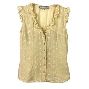 WCAGA Anthropologie 2 Yellow Polka Dot Ruffle Cap Sleeve Front Button Blouse